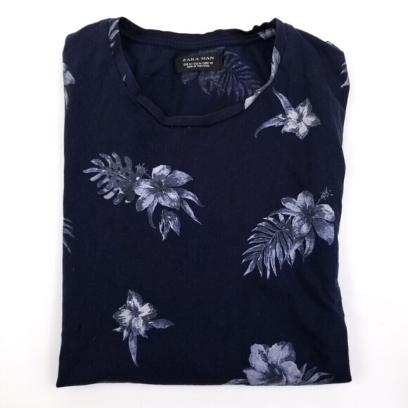Zara Man Floral Print Hawaiian Vacation Crew Short Sleeve Tee TShirt Navy Medium - Picture 6 of 6